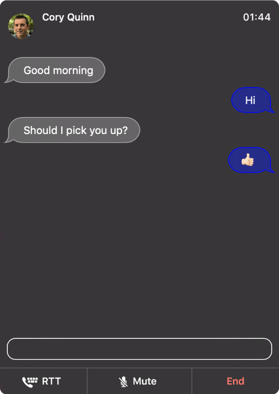 An RTT window with a conversation between two people.