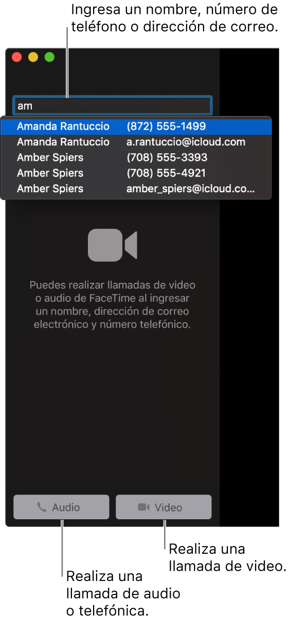 Ingresa un nombre, un número de teléfono o una dirección de correo electrónico en la barra de búsqueda. Haz clic en el botón Video para realizar una llamada de video de FaceTime. Haz clic en el botón Audio para realizar una llamada de audio de FaceTime o de teléfono.