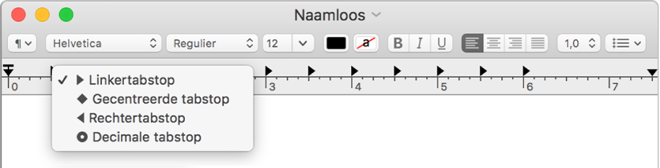 De liniaal met de opties voor tabstops.