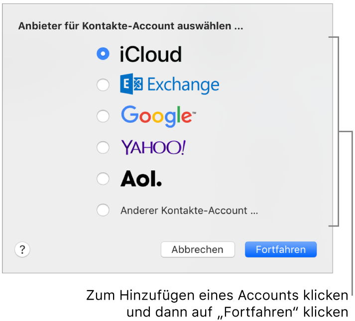 Das Fenster zum Hinzufügen von Internetaccounts zur App „Kontakte“