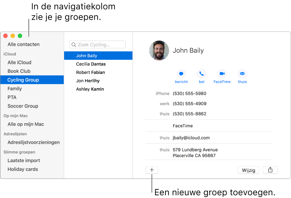 Het Contacten-venster met de navigatiekolom, met daarin groepen zoals 'Book Club' en 'Cycling Group', en de knop onder in een contactpersoonkaart voor het toevoegen van een nieuwe groep.