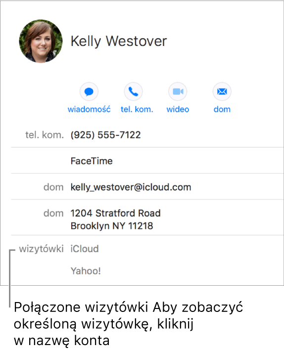Połączona wizytówka z dwóch kont, wyświetlana w sekcji Wizytówki; aby zobaczyć określone konto, kliknij w jego nazwę.