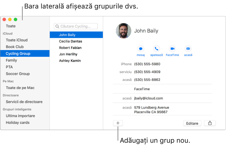 Fereastra Contacte afișând bara laterală, cu grupuri precum Clubul de lectură și Grupul de ciclism, și butonul din partea de jos a unei cărți de vizită, pentru adăugarea unui nou grup.