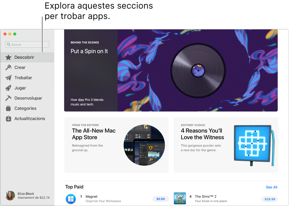 La pàgina principal de la Mac App Store. La barra lateral de l’esquerra inclou enllaços a altres pàgines: Descobrir, Crear, Treballar, Jugar, Desenvolupar, Categories i Actualitzacions. A la dreta trobaràs zones en què pots fer clic, incloses “Entre bastidors”, “Dels editors” i “La recomanació de l’App Store”.