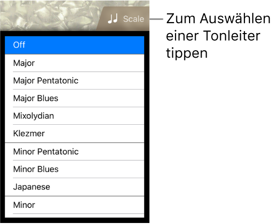 Taste „Skala“ und Tonskalenliste für den Bass