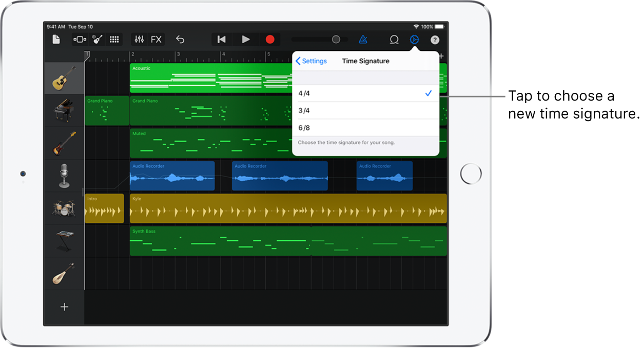 Song settings, including time signature controls