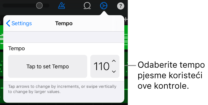 Postavke pjesme, uključujući kontrole tempa.