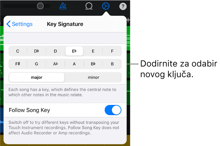 Postavke pjesme, uključujući kontrole tonaliteta.