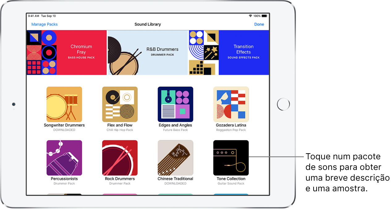 Toque num pacote de sons para ver uma breve descrição e uma pré-visualização.