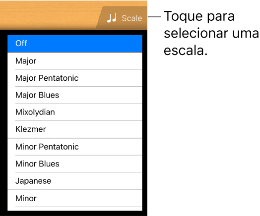 Botão Escala da Guitarra e lista de escalas