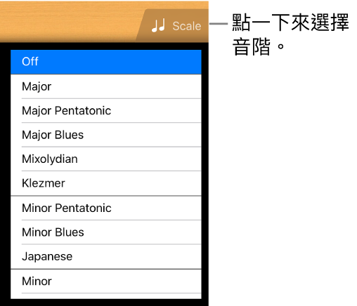 「吉他音階」按鈕和音階列表