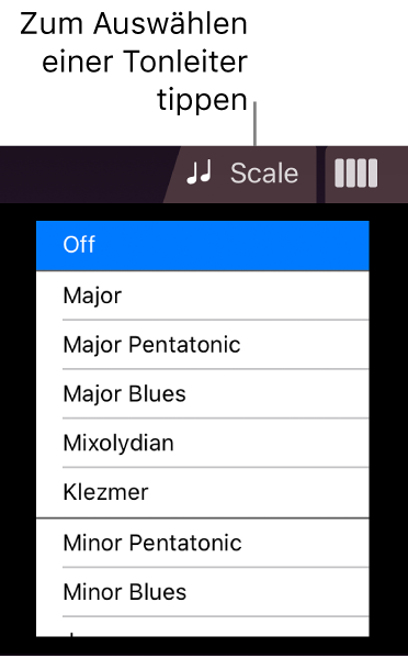 Taste „Skala“ und Tonskalenliste für Saiteninstrumente