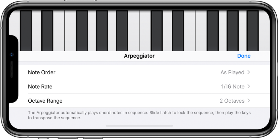 Arpeggiator-Steuerelemente des Keyboards