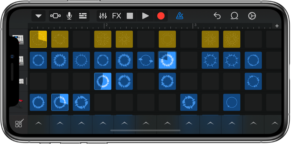 Figura. Tablatura de Live Loops con celdas reproduciéndose.