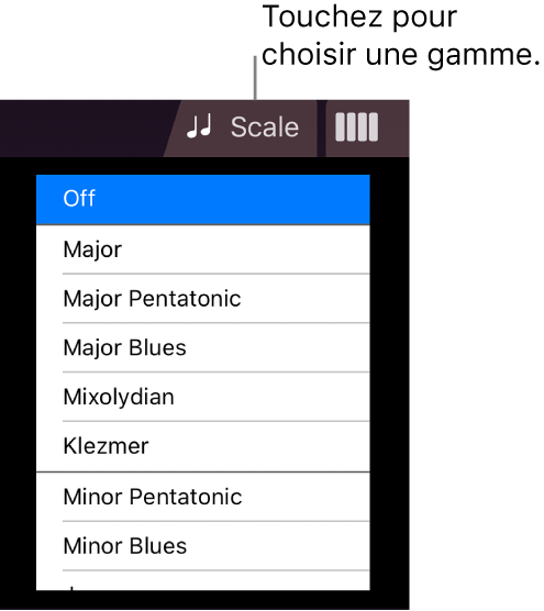 Bouton Gamme de cordes et liste de gammes