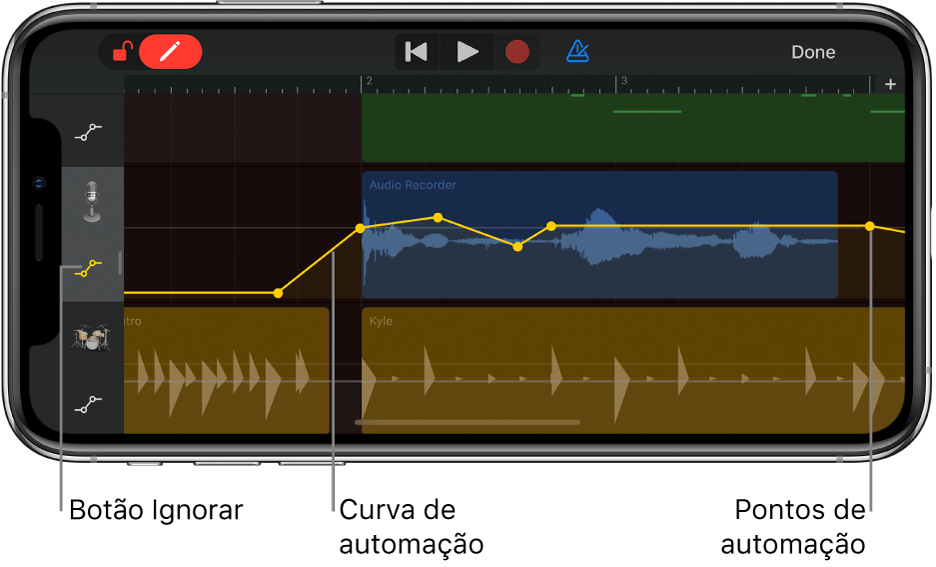 Figura. Automação da trilha, mostrando as curvas de automação, os pontos de automação e o botão Ignorar.