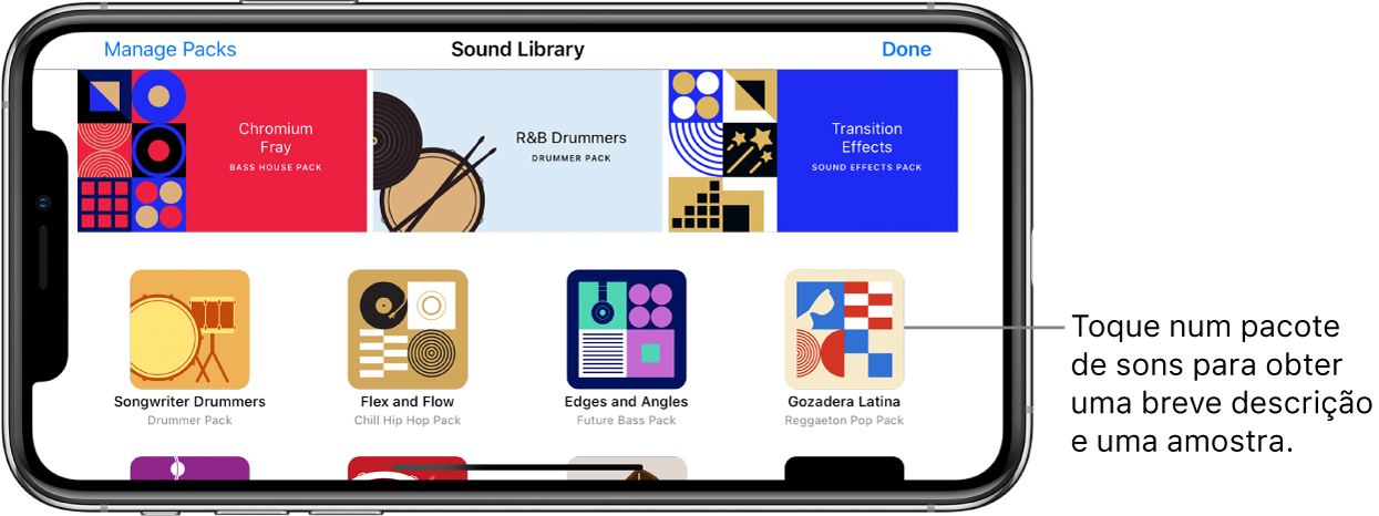 Toque num pacote de sons para ver uma breve descrição e uma pré-visualização.