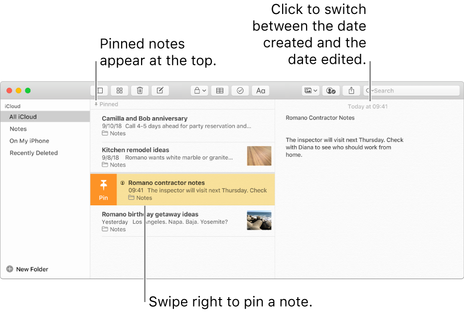 The Notes window with the list of notes in the middle, pinned notes at the top of the notes list, and the Pin button on one note. The content of that note appears on the right with the date at the top; click the date to switch between the date created and the date edited.