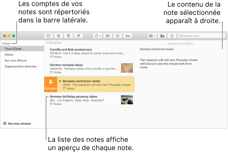 La fenêtre Notes avec tous vos comptes configurés répertoriés dans la barre latérale sur la gauche, la liste des notes au milieu avec un aperçu de chaque note et le contenu de la note sélectionnée sur la droite.