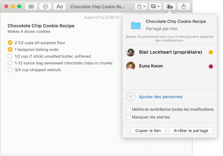 Une note contenant une recette de cookies aux pépites de chocolat. Lorsque vous cliquez sur le bouton Afficher les participants dans la barre d’outils, les personnes qui ont été ajoutées à la note apparaissent.