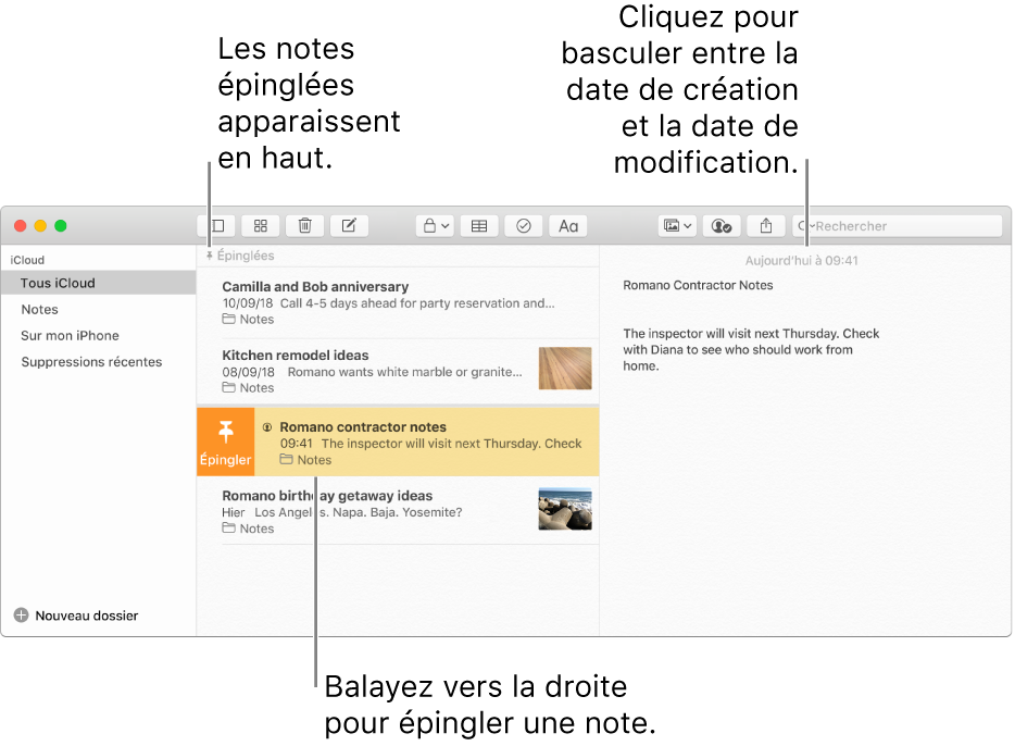 La fenêtre Notes avec la liste des notes au milieu, des notes épinglées en haut de la liste des notes et le bouton Épingler sur une note. Le contenu de cette note s’affiche sur la droite avec la date en haut ; cliquez sur la date pour basculer entre la date de création et la date de dernière modification.