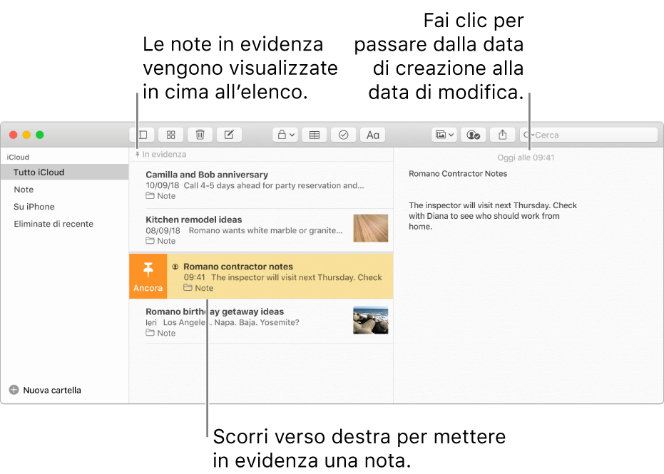 La finestra di Note, con l’elenco di note al centro, le note in evidenza in cima all’elenco e il pulsante per metterle in evidenza in corrispondenza di una nota. Il contenuto di quella nota appare sulla destra con la data in alto; fai clic sulla data per passare dalla data di creazione alla data di modifica.