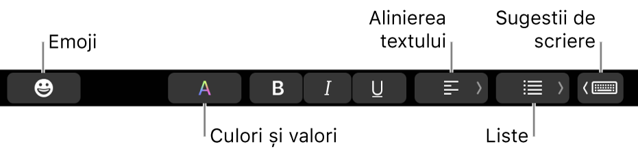 Touch Bar cu butoanele din aplicația Mail care includ, de la stânga la dreapta, Emoji, Culori, Aldin, Cursiv, Subliniat, Aliniere, Liste și Sugestii de scriere.