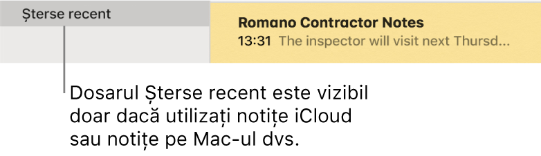 Fereastra Notițe cu dosarul Șterse recent în bara laterală și o notiță ștearsă recent. Puteți vedea dosarul Șterse recent doar dacă utilizați notițe iCloud sau notițele de pe Mac-ul dvs.