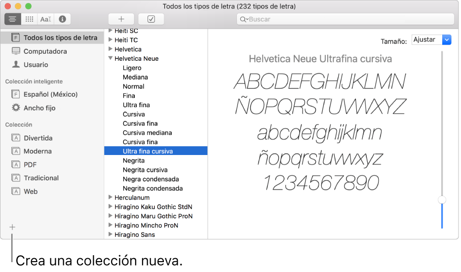 Ventana de Catálogo Tipográfico mostrando el botón Agregar en la esquina inferior izquierda para crear una nueva colección, colección inteligente o biblioteca.