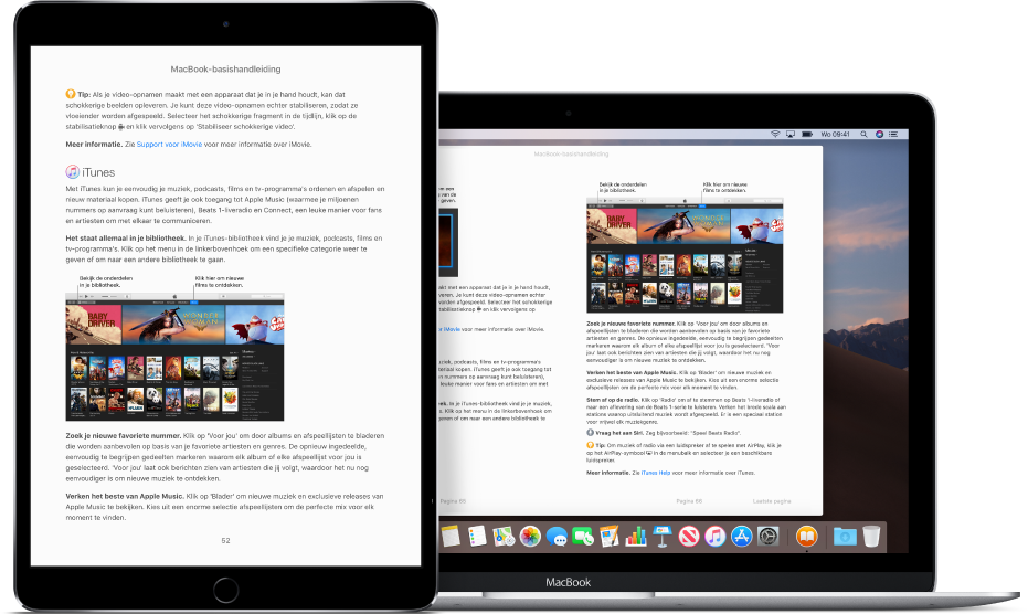 Een boek op dezelfde pagina in de Boeken-app op een iPad en in het programma Boeken op een Mac.