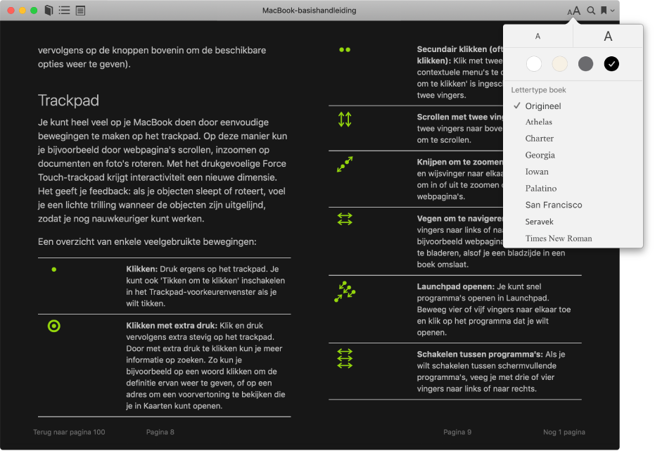 Een boek met een aangepaste weergave en het weergavemenu met de geselecteerde tekstgrootte, de achtergrondkleur en het lettertype.