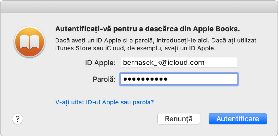 Fereastra de dialog de autentificare folosind ID-ul Apple și parola.