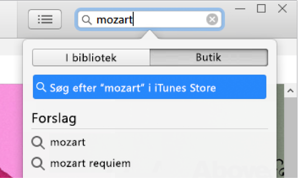 Søgefeltet med det indtastede ord “Mozart”. Butik er valgt på lokalmenuen Lokalitet.