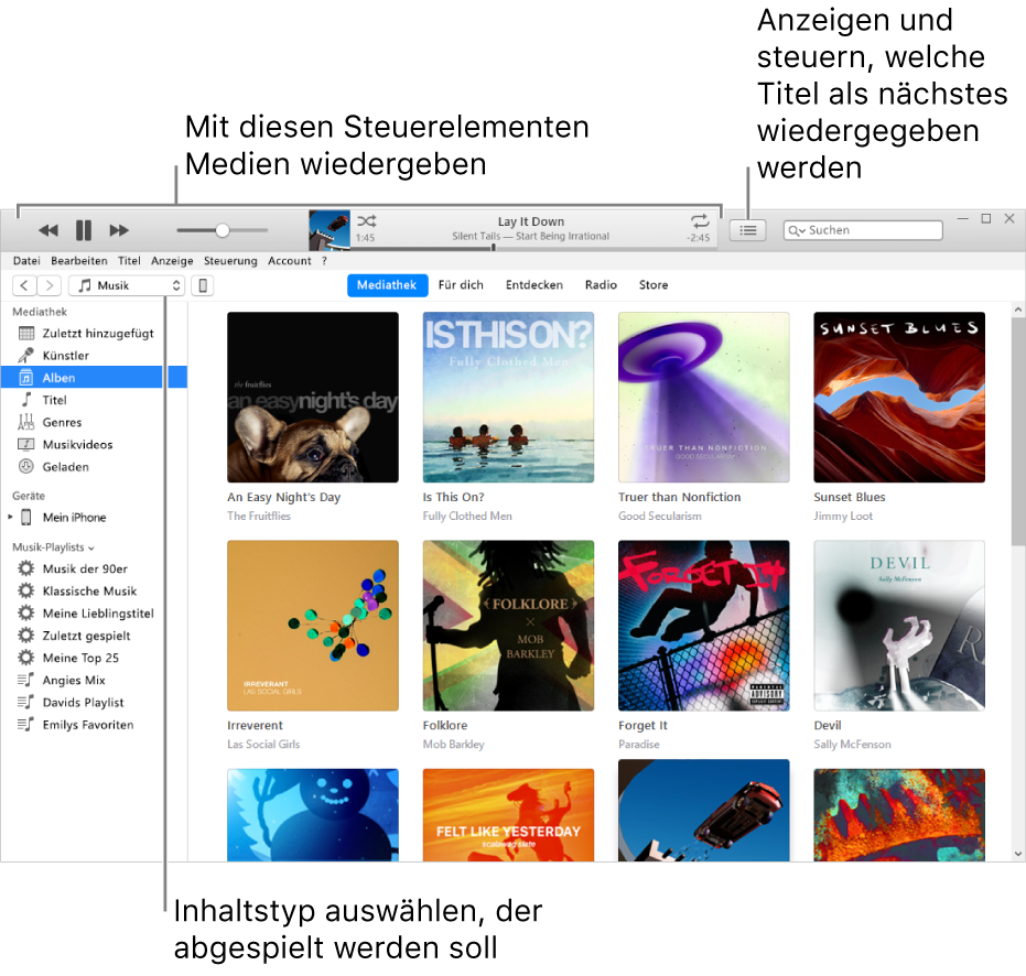 Das Hauptfenster der iTunes-Mediathek: Wähle im Navigationsbereich die Art der Medien aus, die du abspielen willst (z. B. Musik). Verwende die Steuerelemente im Banner oben, um deine Medien abzuspielen, und das Popupmenü „Als Nächstes“ rechts, um die Mediathek auf andere Weise anzuzeigen.
