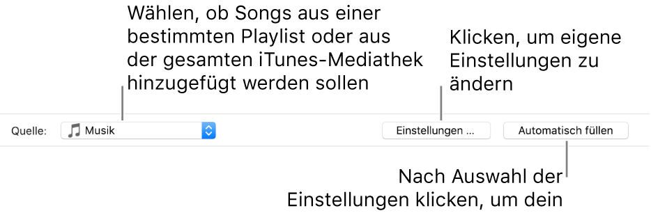 Die Option „Automatisch füllen“ unten auf der Registerkarte „Musik“. Ganz links befindet sich das Popupmenü „Automatisch füllen“, in dem du auswählen kannst, ob Titel von einer Playlist oder von der gesamten Mediathek hinzugefügt werden sollen. Ganz rechts sind zwei Schaltflächen: die Schaltfläche „Einstellungen“ zum Ändern der verschiedenen Optionen für das automatische Füllen und die Schaltfläche „Automatisch füllen“. Wenn du auf „Automatisch füllen“ klickst, wird dein Gerät mit den Titeln gefüllt, die den Kriterien entsprechen.