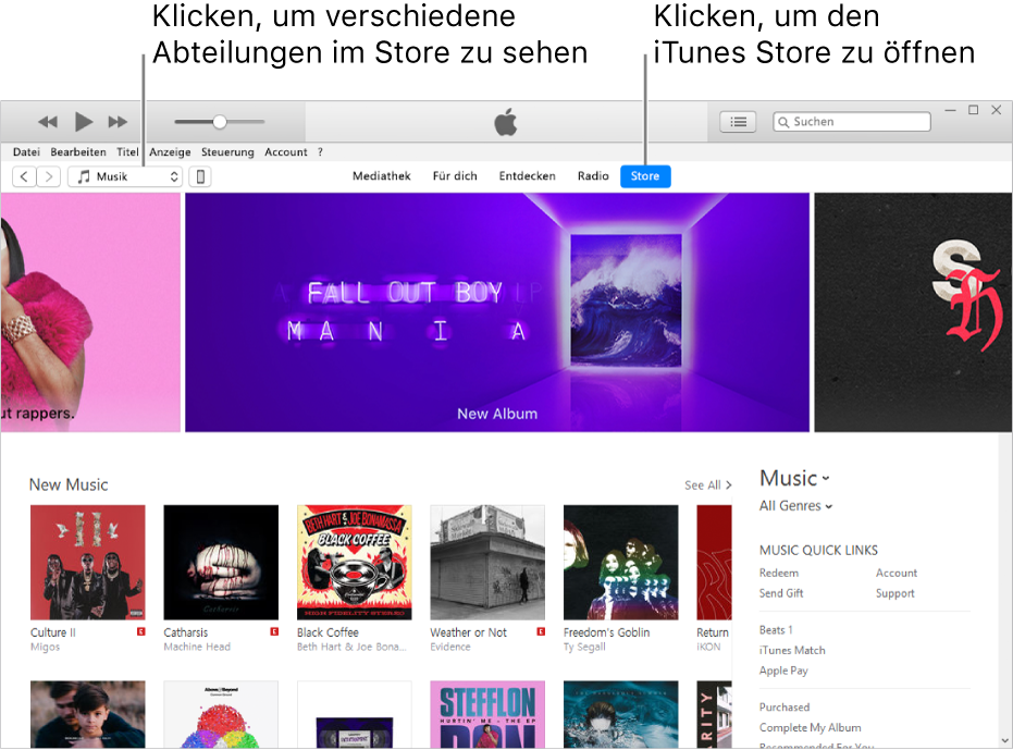 Das Hauptfenster des iTunes Store In der Navigationsleiste ist „Store“ hervorgehoben. In der Ecke oben links kannst du andere Inhalte im Store auswählen (etwa Musik oder TV-Sendungen).