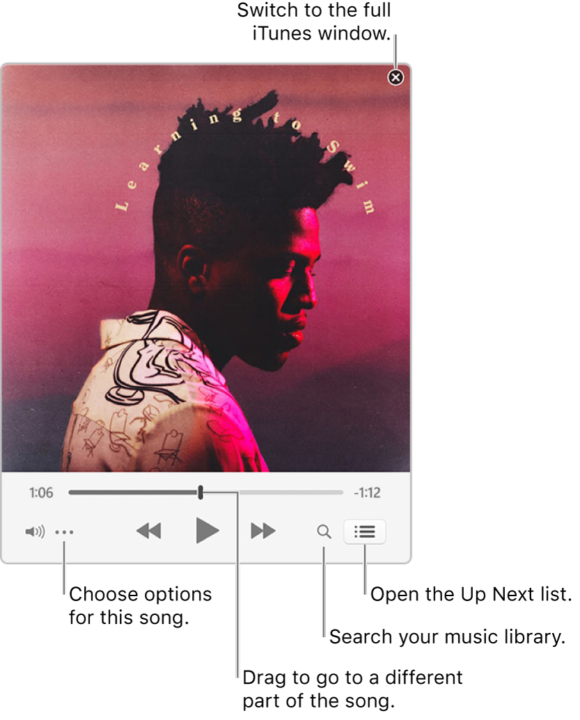Expanded MiniPlayer showing the controls for the song that’s playing. In the upper-right corner is the close button, used to switch to the full iTunes window. In the bottom of the window is a slider, that you can drag to go to a different part of the song. Under the slider on the left side is the Action Menu button, where you can choose view options and other options for the song that’s playing. On the far right under the slider are two buttons—the magnifying glass to search the music library, and the Up Next list to see what’s playing next.