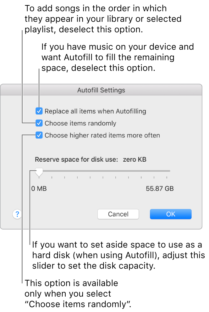 The Autofill Settings dialogue showing four options, from top to bottom. If you have music on your device and want Autofill to fill the remaining space, deselect the option “Replace all items when Autofilling”. To add songs in the order in which they appear in your library or selected playlist, deselect the option “Choose items randomly”. The next option, “Choose higher rated items more often”, is available only when you select the option “Choose items randomly”. If you want to set aside space to use as a hard disk, adjust the slider to set the disk capacity.