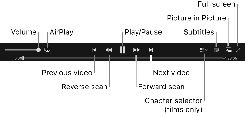 Video controls: Volume, AirPlay, Previous video, Reverse scan, Play/Pause, Forward scan, Next video, Chapter selector (for films only), Subtitles, Picture in Picture and Full screen.