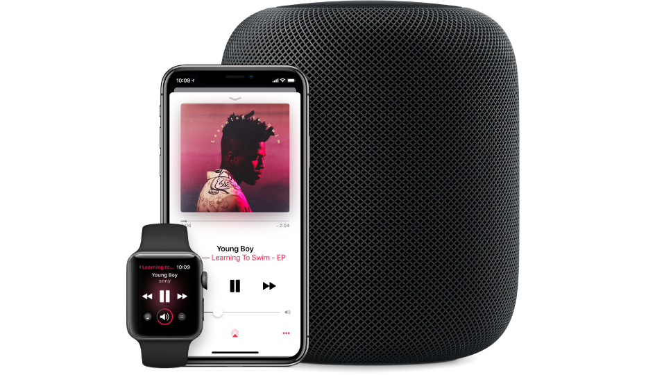 A view of a song on Apple Music playing on an Apple Watch, iPhone and HomePod.