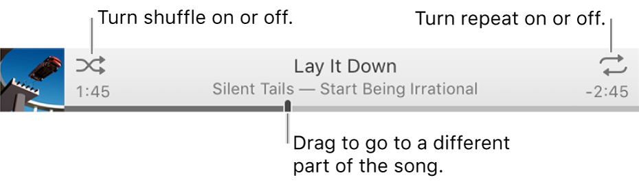 The banner with a song playing. The Shuffle button is in the upper-left corner; the Repeat button is in the upper-right corner. Drag the scrubber to go to a different part of the song.