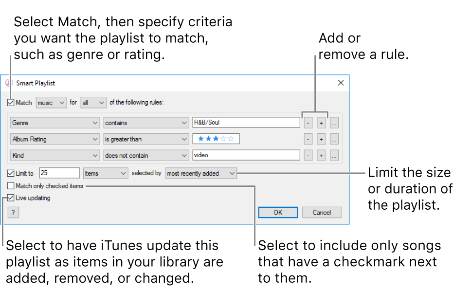 The Smart Playlist window: In the upper-left corner, select Match, then specify the playlist criteria (such as genre or rating). Continue to add or remove rules by clicking the Add or Remove buttons in the upper-right corner. Select various options in the lower portion of the window such as limiting the size or duration of the playlist, including only songs that are checked or having iTunes update the playlist as items in your library change.