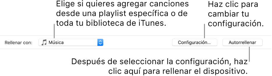 Las opciones de autorrelleno en el área inferior del panel Música. En el extremo izquierdo se encuentra el menú desplegable Autorrellenar, donde puedes optar por agregar canciones de una playlist o de toda tu biblioteca. En el extremo derecho se encuentran dos botones: Configuración, que permite cambiar las opciones de autorrelleno, y el botón Autorrelleno. Cuando haces clic en Autorrelleno, tu dispositivo se rellena con las canciones que cumplen con el criterio.