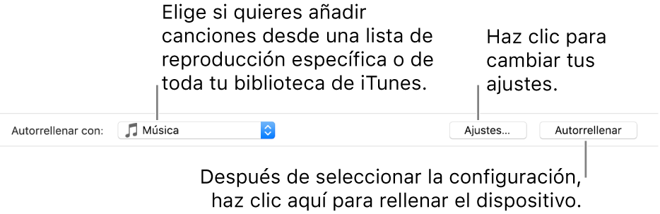 Las opciones Autorrellenar en la parte inferior del panel Música. En el extremo izquierdo se encuentra el menú desplegable “Autorrellenar con”, donde puedes elegir entre añadir canciones de una lista de reproducción o de toda la biblioteca. En el extremo derecho hay dos botones: Ajustes, para cambiar varias opciones de autorrelleno, y Autorrellenar. Al hacer clic en Autorrellenar, el dispositivo se llena con las canciones que cumplen los criterios establecidos.