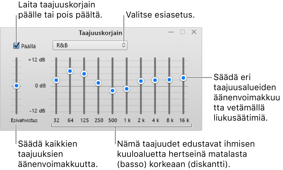 Taajuuskorjain-ikkuna: Valintaruutu, jolla iTunes-taajuuskorjain kytketään päälle, sijaitsee vasemmassa yläkulmassa. Taajuuskorjaimen esiasetukset ovat viereisessä ponnahdusvalikossa. Vasemman laidan esivahvistuksella voi säätää taajuuksien kokonaisäänenvoimakkuutta. Taajuuskorjaimen esiasetusten alla voi säätää eri taajuusalueiden äänenvoimakkuutta; taajuusalueet edustavat ihmisen kuulon taajuuksia matalimmasta korkeimpaan.