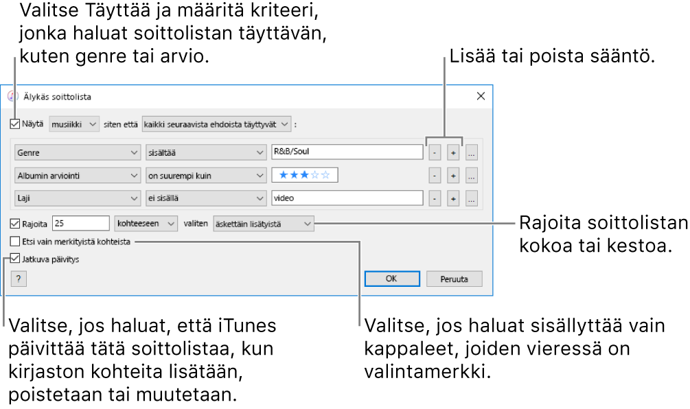 Älykäs soittolista -ikkuna: Valitse vasemmassa yläkulmassa Näytä ja valitse soittolistan kriteerit (kuten genre tai arvio). Jatka sääntöjen lisäämistä tai poistamista klikkaamalla oikean yläkulman lisäys- tai poistopainikkeita. Aseta erilaisia asetuksia ikkunan alaosassa – voit esimerkiksi rajoittaa soittolistan kokoa tai kestoa, ottaa listalle vain kappaleita, hyväksyä listalle vain merkittyjä kappaleita tai laittaa iTunesin päivittämään soittolistaa kirjaston kohteiden muuttuessa.