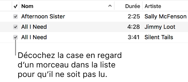 Détail de la présentation Morceaux de Musique, avec les cases à gauche. Décochez la case en regard d’un morceau pour empêcher la lecture de ce dernier.