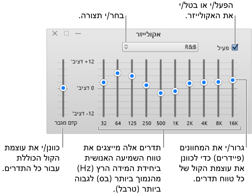 חלון האקוולייזר: תיבת הסימון להפעלת האקוולייזר של iTunes מופיעה בפינה השמאלית העליונה. לצדה מופיע התפריט הקופצני עם ההגדרות הקבועות מראש של האקוולייזר. בקצה הצד השמאלי ניתן לכוונן את עוצמת הקול הכללית של תדרים עם קדם מגבר. מתחת להגדרות הקבועות מראש של האקוולייזר ניתן להתאים את רמת הצליל של טווחי תדרים שונים, המייצגים את קשת הצלילים הנשמעים באוזן האנושית, מהנמוך ביותר לגבוה ביותר.