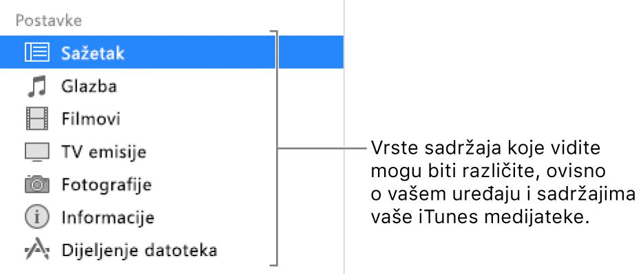 Sažetak je u rubnom stupcu s lijeve strane. Prikazane vrste sadržaja mogu varirati, ovisno o vašem uređaju i sadržaju vaše iTunes medijateke.