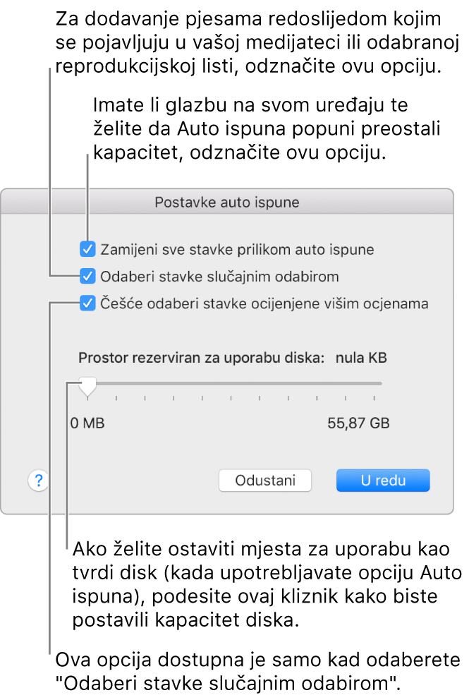 Dijaloški okvir Postavke auto ispune prikazuje četiri opcije, od vrha do dna. Ako imate glazbu na svom uređaju i želite da Auto ispuna ispuni preostali prostor, odznačite opciju “Zamijeni sve stavke prilikom auto ispune”. Za dodavanje pjesama u redoslijedu u kojem se pojavljuju u vašoj medijateci ili na odabranoj reprodukcijskoj listi odznačite opciju “Odaberi stavke nasumično”. Sljedeća opcija “Odaberi stavke s većim ocjenama češće” dostupna je samo kada označite opciju “Odaberi stavke nasumično.” Ako želite ostaviti prostora koji ćete koristiti kao tvrdi disk, podesite kliznik kako biste podesili kapacitet diska.